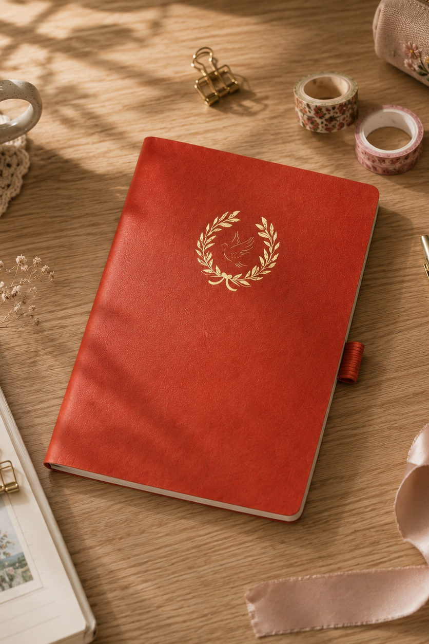 A5 orange red vegan leader journal , styled on a wooden desk with a coffee mug, washi tape, ribbon, and stationery.