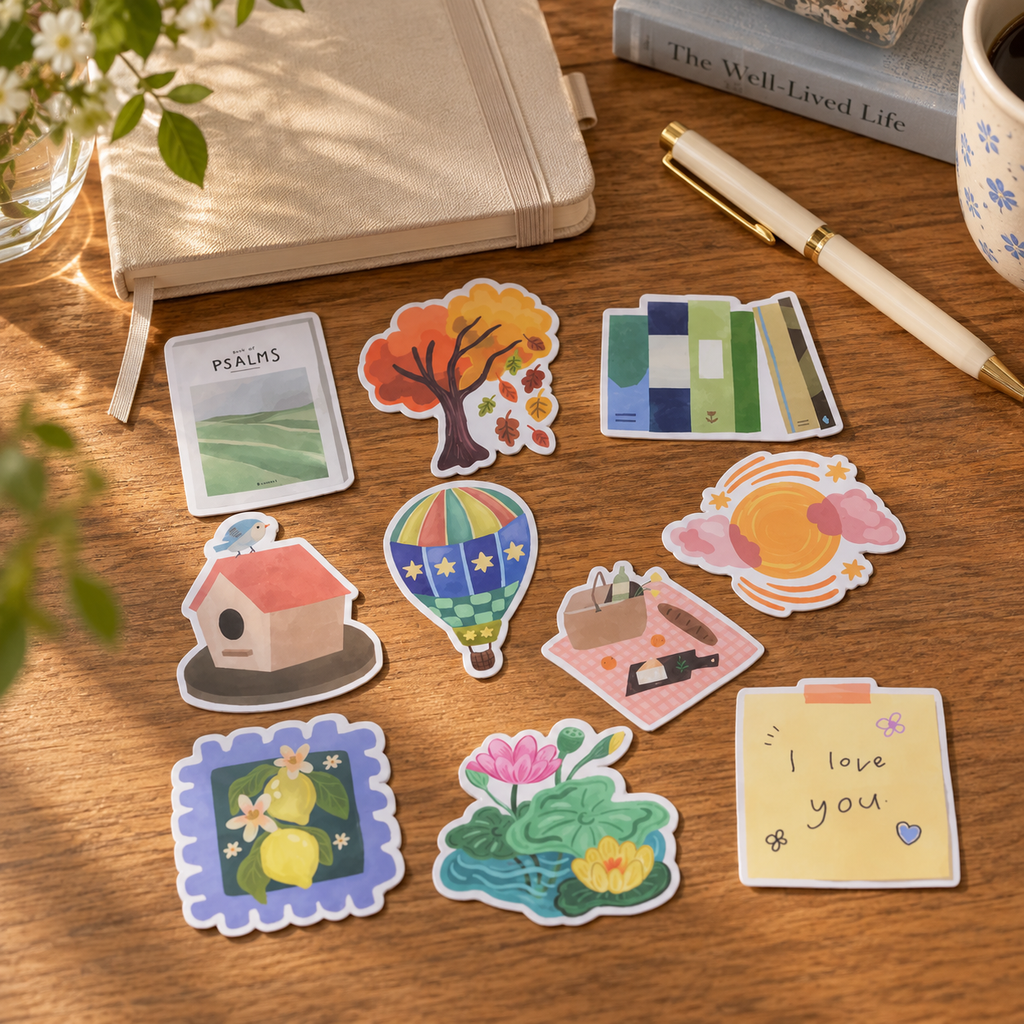 A set of colorful die-cut stickers arranged on a wooden desk with a notebook, pen, flowers, and a book nearby. The stickers feature illustrations of a tree, books, a hot air balloon, a birdhouse, flowers, a lotus pond, a pink moon and sun, a notebook with the words 'I love you', and a landscape scene labeled 'PSALMS'. Stickers are designed by Alabaster Co. 