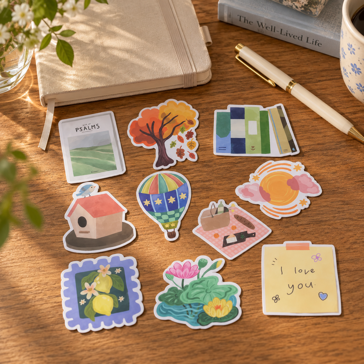 A set of colorful die-cut stickers arranged on a wooden desk with a notebook, pen, flowers, and a book nearby. The stickers feature illustrations of a tree, books, a hot air balloon, a birdhouse, flowers, a lotus pond, a pink moon and sun, a notebook with the words 'I love you', and a landscape scene labeled 'PSALMS'. Stickers are designed by Alabaster Co. 