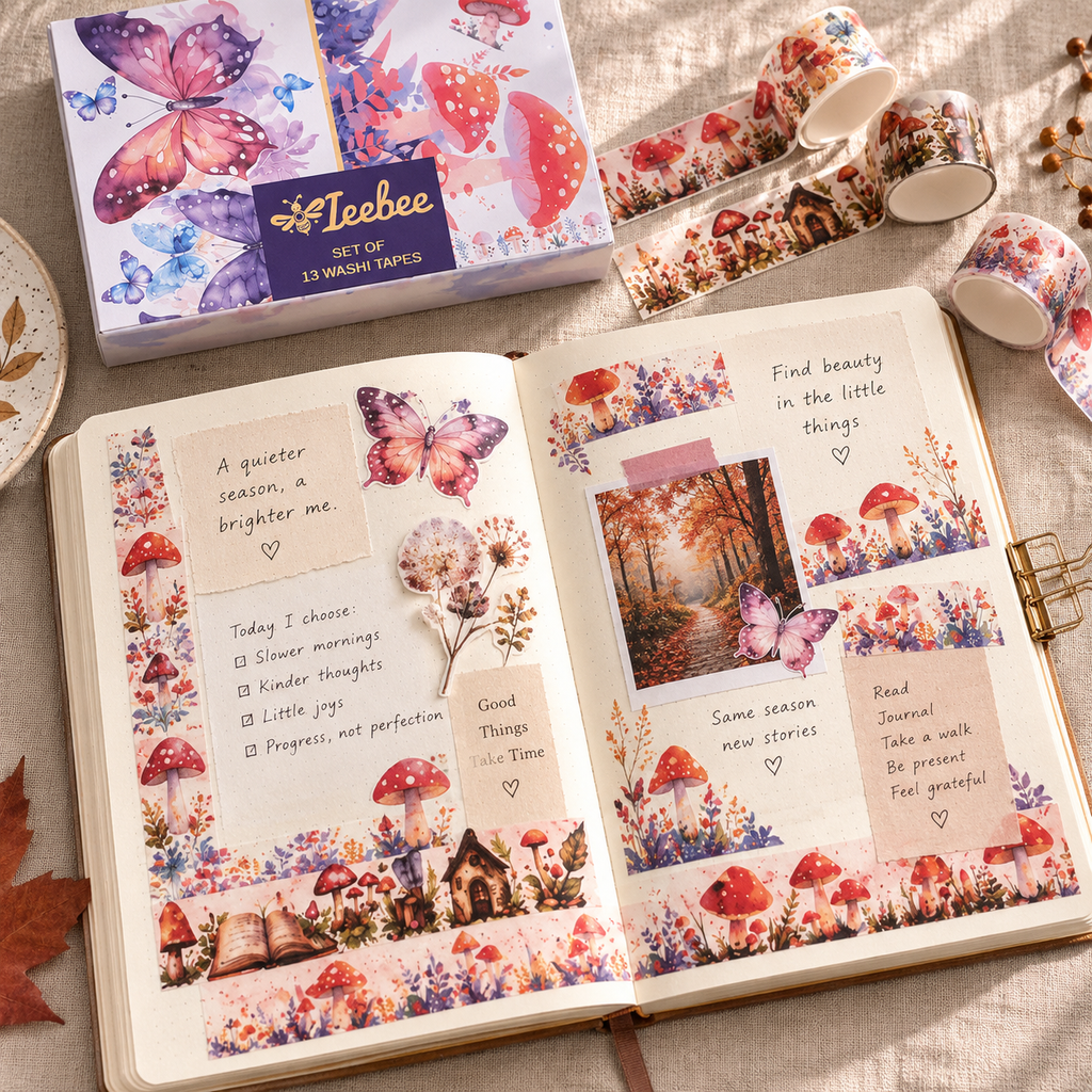 A styled flat-lay of a Jooby washi tape set, showing the box of 13 assorted tapes and two rolls of floral and mushroom-patterned tape. An open journal decorated with matching washi tape displays a whimsical autumn forest scene with mushrooms, butterflies, and handwritten notes.
