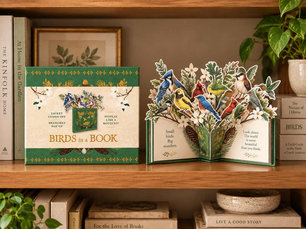 A decorative pop-up book titled 'Birds in a Book' displayed on a wooden shelf next to other books. The book is shown closed with its illustrated green and cream cover and open with a 3D pop-up scene featuring colorful birds, flowers, and leaves.