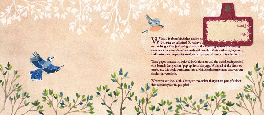 Decorative page with birds, text, and a red envelope on a beige background, part of the Birds in a Book display image.