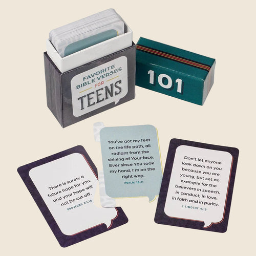 Card set with Favorite Bible Verses for Teens, featuring verses and a box labeled '101', by Christian Art Gifts.