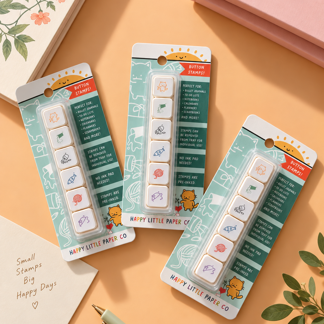 Three packaged 'Happy Little Paper Co.' stamp sets arranged on a peach background with stationery props, including a notebook, pen, sticky notes, and a pink book.