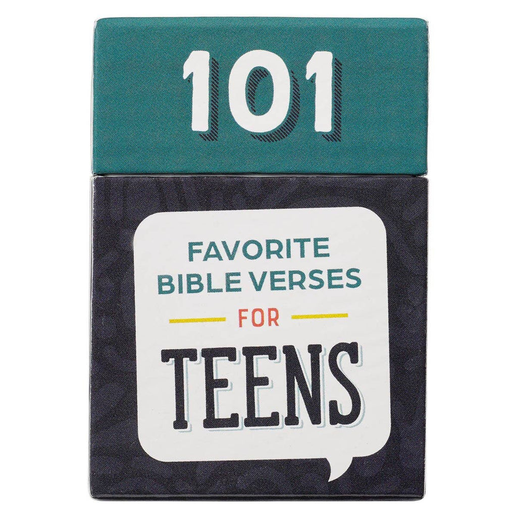 Book titled '101 Favorite Bible Verses for Teens' with a teal and black design, by Christian Art Gifts.