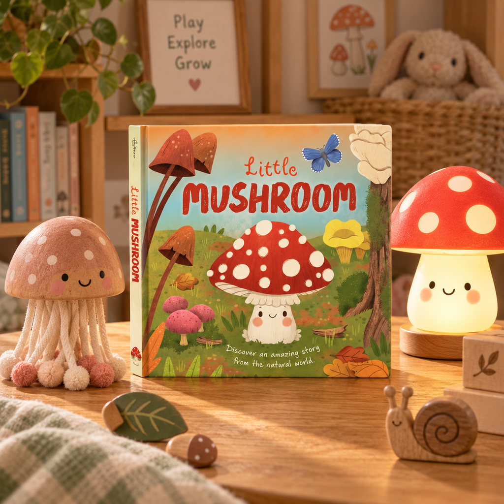 A children's book titled "Little Mushroom" stands on a wooden surface in a cozy room setting, surrounded by mushroom-shaped decor, a small mushroom lamp, a snail toy, and framed wall art.