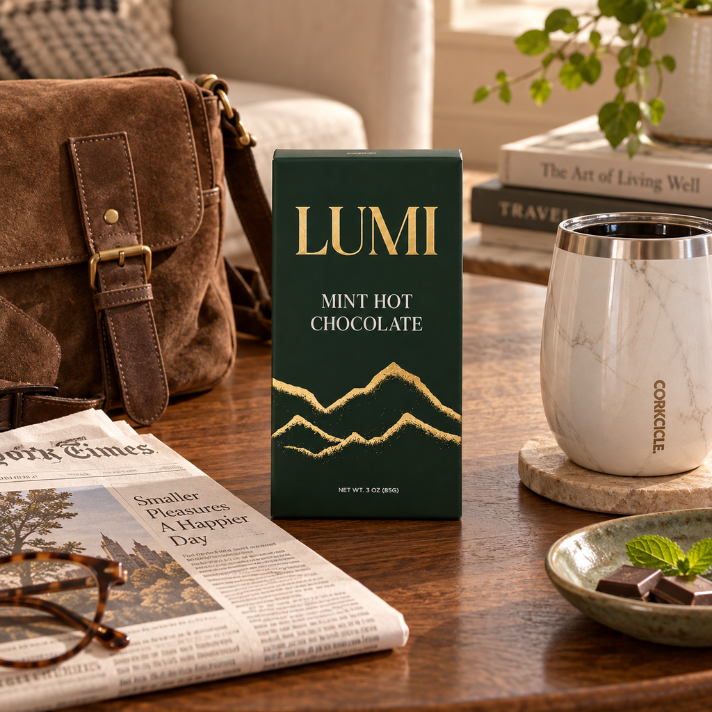 A box of Lumi Mint Hot Chocolate chocolate is displayed on a wooden table in a cozy, styled setting with a brown leather bag, a white marble travel tumbler, a newspaper, and a small dish of chocolate pieces.