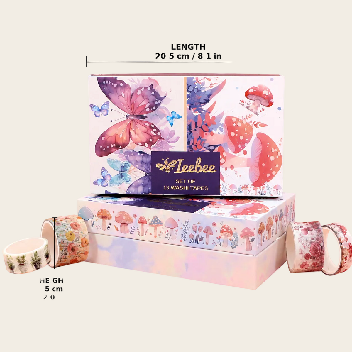Ieebee gift set of 13 washi tapes shown with its illustrated packaging box, including two rolls of floral washi tape, one roll of butterfly pattern tape, and dimension callouts for length, width, and height on a white background.