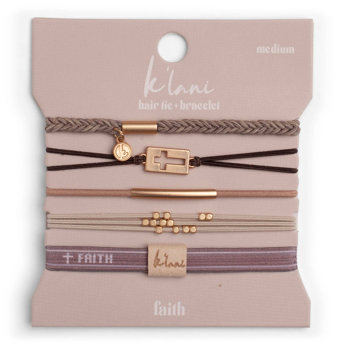A set of five K'lanı hair ties and bracelets on a pink display card, labeled 'medium' and 'faith'. The set includes braided, elastic, and cord styles in taupe, brown, beige, and mauve, with rose gold and gold metal accents.