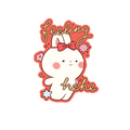 Cartoon bunny with a bow and text 'feeling hehe' on a white background
