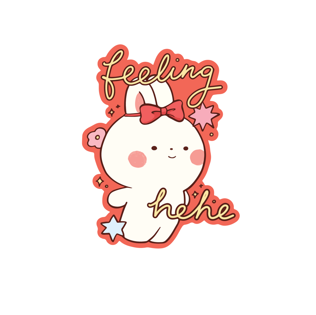 Cartoon bunny with a bow and text 'feeling hehe' on a white background