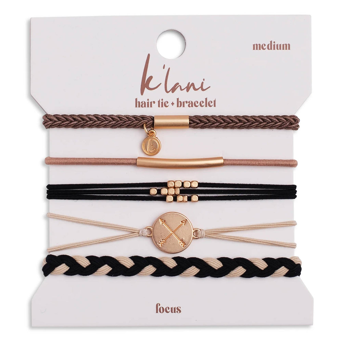 Set of hair ties and bracelets on a 'klani' branded card with 'focus' text.