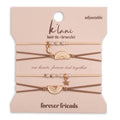 Four adjustable hair tie bracelets with pearl and gold charms, displayed on a beige card that reads 'k'lani hair tie + bracelet' and 'forever friends'.