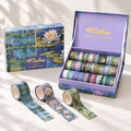 A boxed set of washi tapes by Ieebee with a water lily painting design, shown open with multiple rolls inside and three loose rolls in front on a light surface.