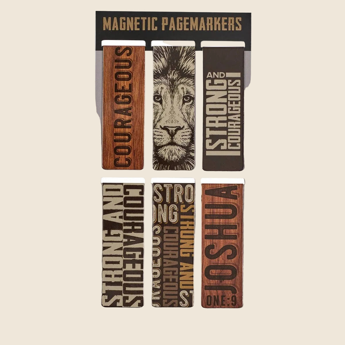 Set of magnetic pagemarkers with a lion design and motivational text on a white background, text shown Joshua 1:9, by Christian Art Gifts.