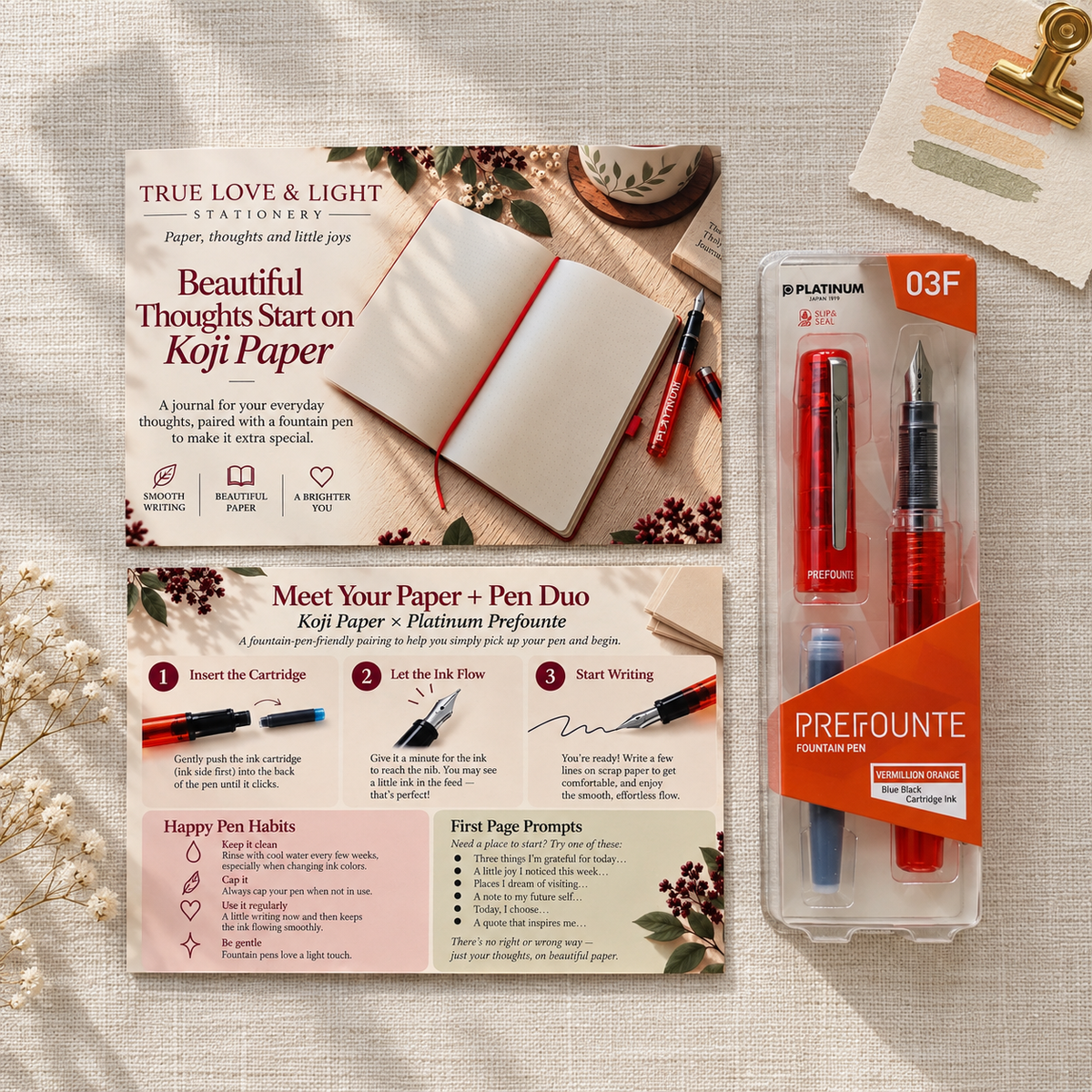 True Love & Light Koji paper fountain pen guide shown with packaged Vermillion Orange Platinum Prefounte fine fountain pen.