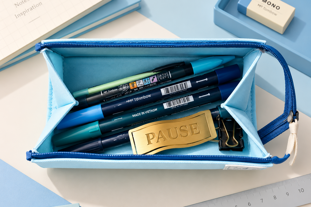 A light blue zippered pencil case shown open, filled with pens, markers, a gold-toned PAUSE card, and a black binder clip, arranged on a pale blue desk with stationery props.