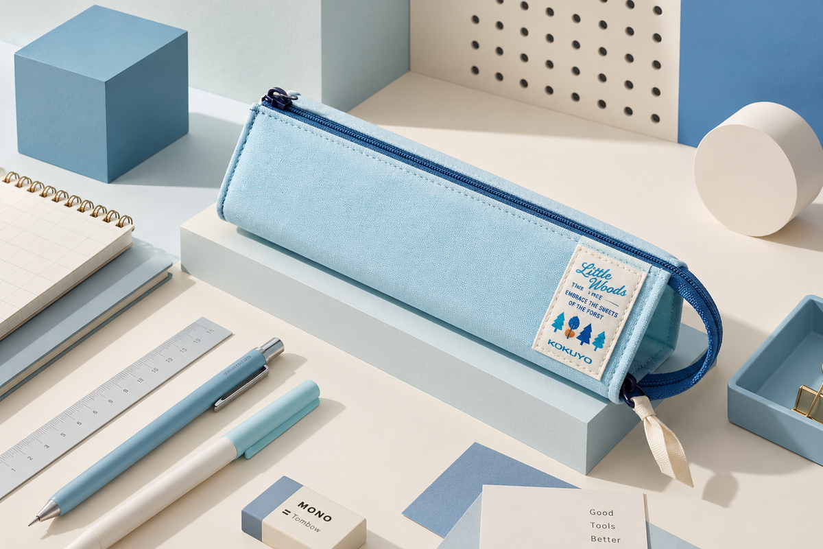 A light blue fabric pencil case with a blue zipper and a 'Little woods' label, displayed on a white pedestal in a styled desk setting with matching blue and white stationery.