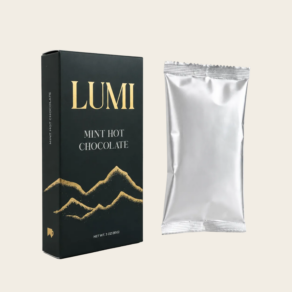 LUMI mint hot chocolate packaging with a silver foil packet on a white background