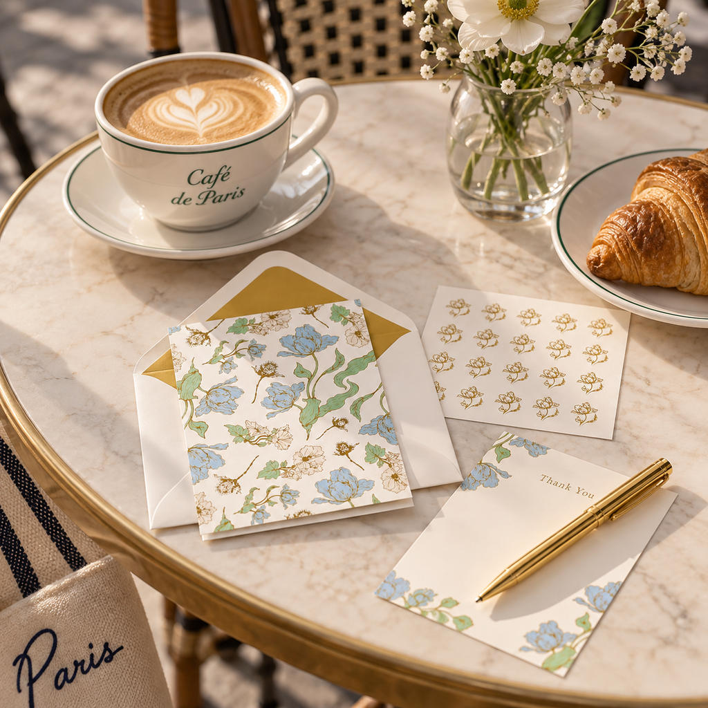 A styled tabletop scene with a cup of café latta, flowers, a croissant, and stationery cards, envelopes, and a pen arranged on a marble table. The stationery set appears to be the product, shown in a real cafe-like environment rather than isolated on a plain background. The product being shown is  the actual card, envelop, sticker sheet and pen taken from Les Fleurs Parisiennes Luxury Thank You Set, by Good Juju Ink. 