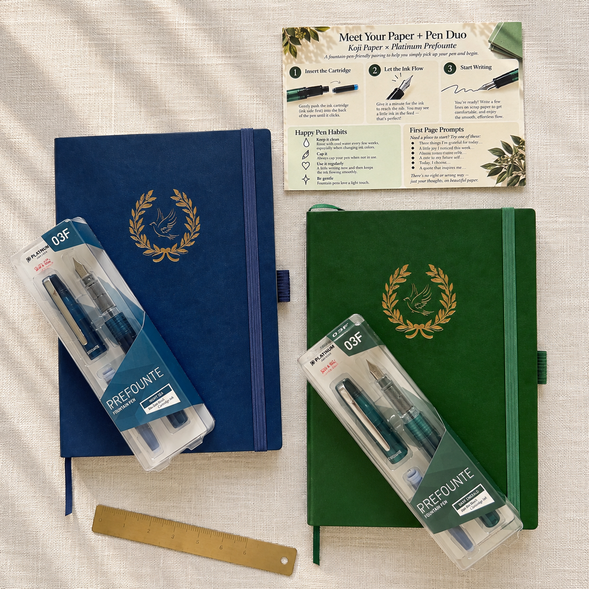 Midnight and Ivy softcover A5 Koji paper journals paired with Night Sea and Dark Emerald Platinum Prefounte fountain pens.