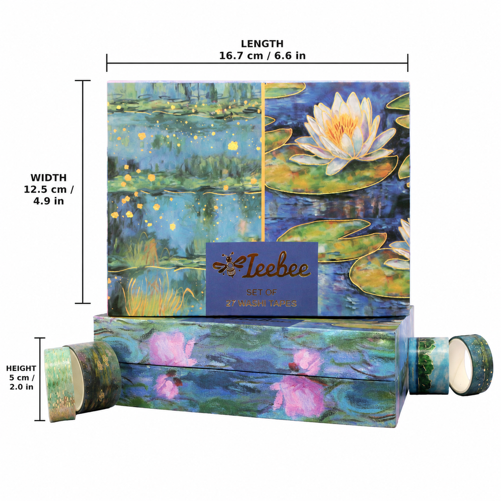 A decorative gift box set by Ieebee that has 27 rolls of washi tapes, featuring a water lily pond painting design. The set includes a main box and two smaller matching boxes, with dimensions labeled showing a length of 16.