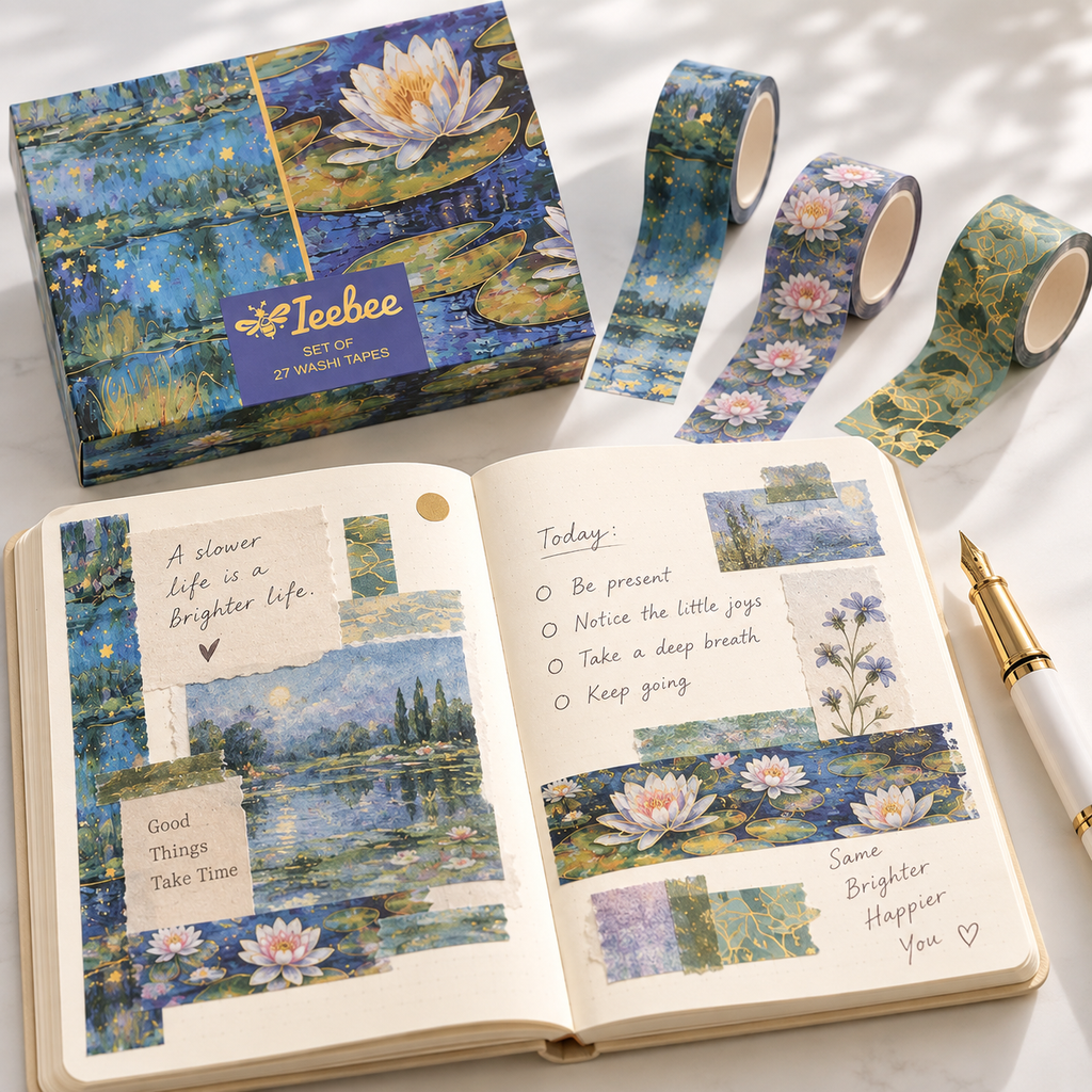 A Ieebee washi tape set displayed with its illustrated box, several rolls of watercolor-style tape, and an open planner showing decorated pages. The tape features a pond scene with blue water, yellow lily pads, white flowers, and small purple accents.