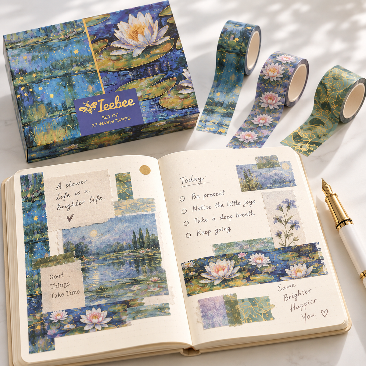 A Ieebee washi tape set displayed with its illustrated box, several rolls of watercolor-style tape, and an open planner showing decorated pages. The tape features a pond scene with blue water, yellow lily pads, white flowers, and small purple accents.