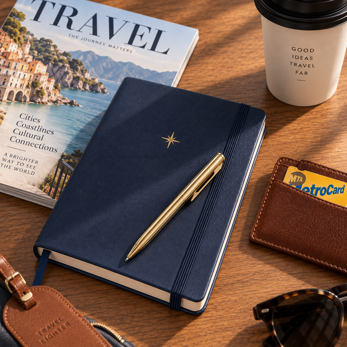 A navy blue hardcover notebook with an elastic closure and a gold compass star on the cover, styled on a wooden desk with a gold pen, a coffee cup, a magazine, a wallet, sunglasses, and a luggage tag.