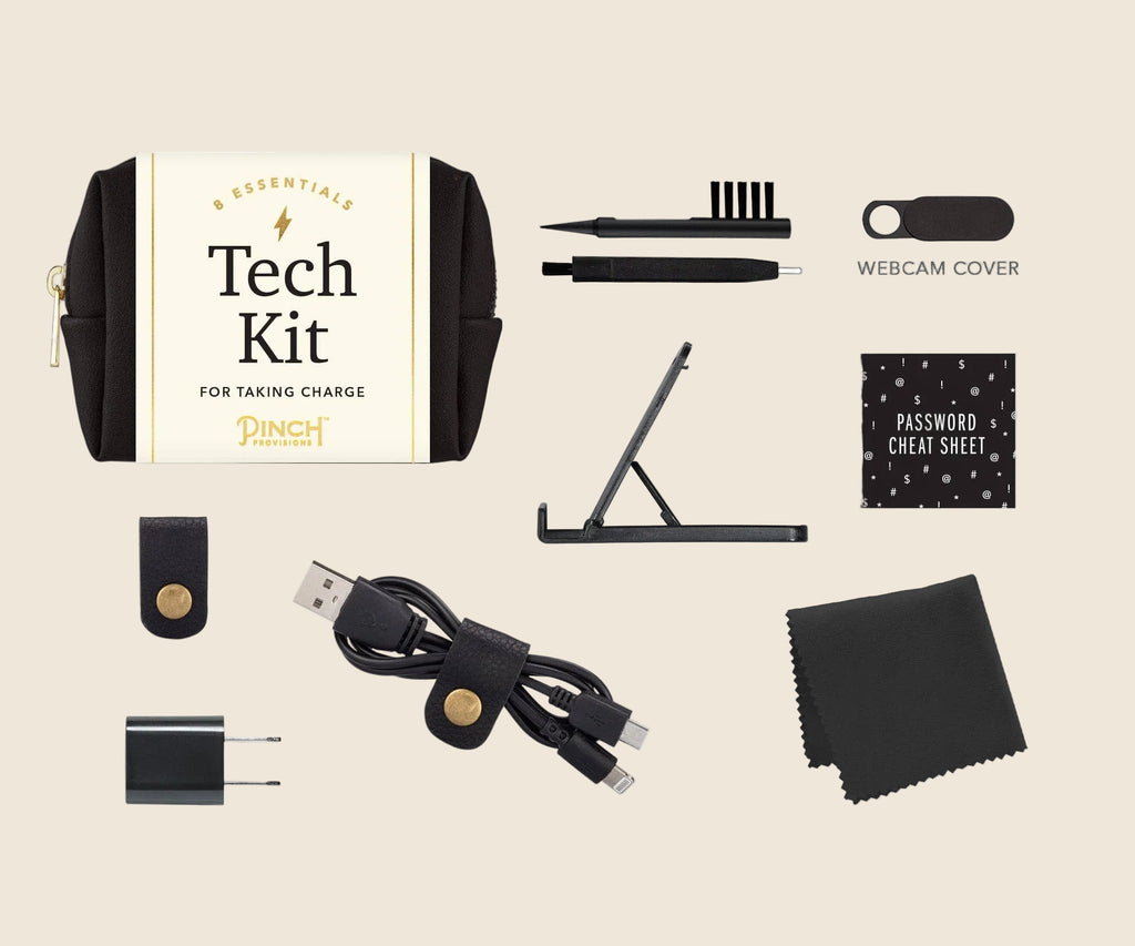 Tech kit with various accessories including a pouch, cable, and stand on a white background.