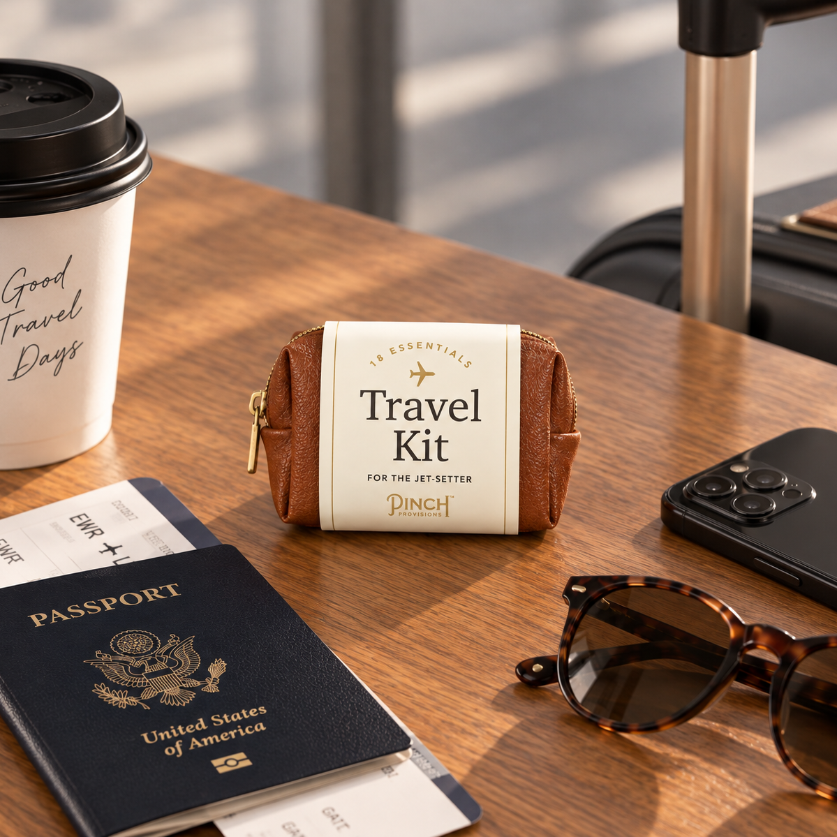 A small brown leather travel kit pouch with a cream paper band labeled 'Travel Kit' sits on a wooden table surrounded by travel props, including a coffee cup, passport, tickets, sunglasses, and a smartphone.