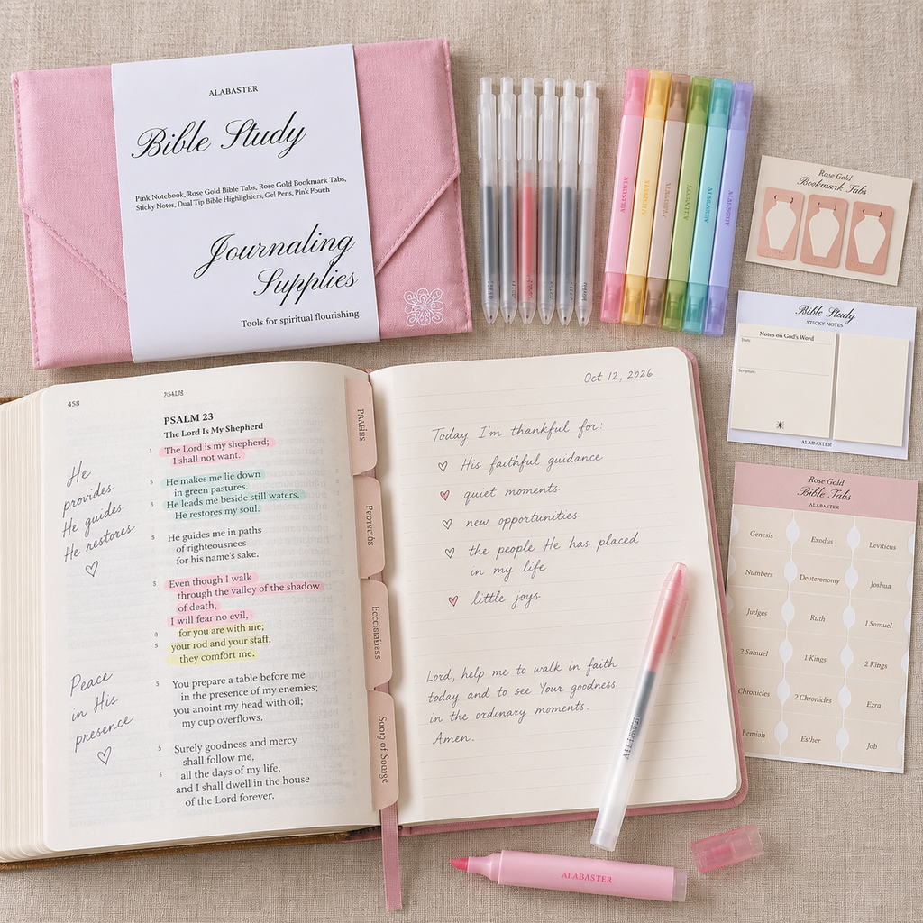An Alabaster Co. designed Bible study and journaling supplies set arranged on a neutral fabric background. The set includes a pink cover with a white insert card labeled 'Bible Study Journaling Supplies,' a pink hardcover journal shown open with handwritten pages, pastel highlighters, sticky notes, a notepad, and other coordinating stationery items.