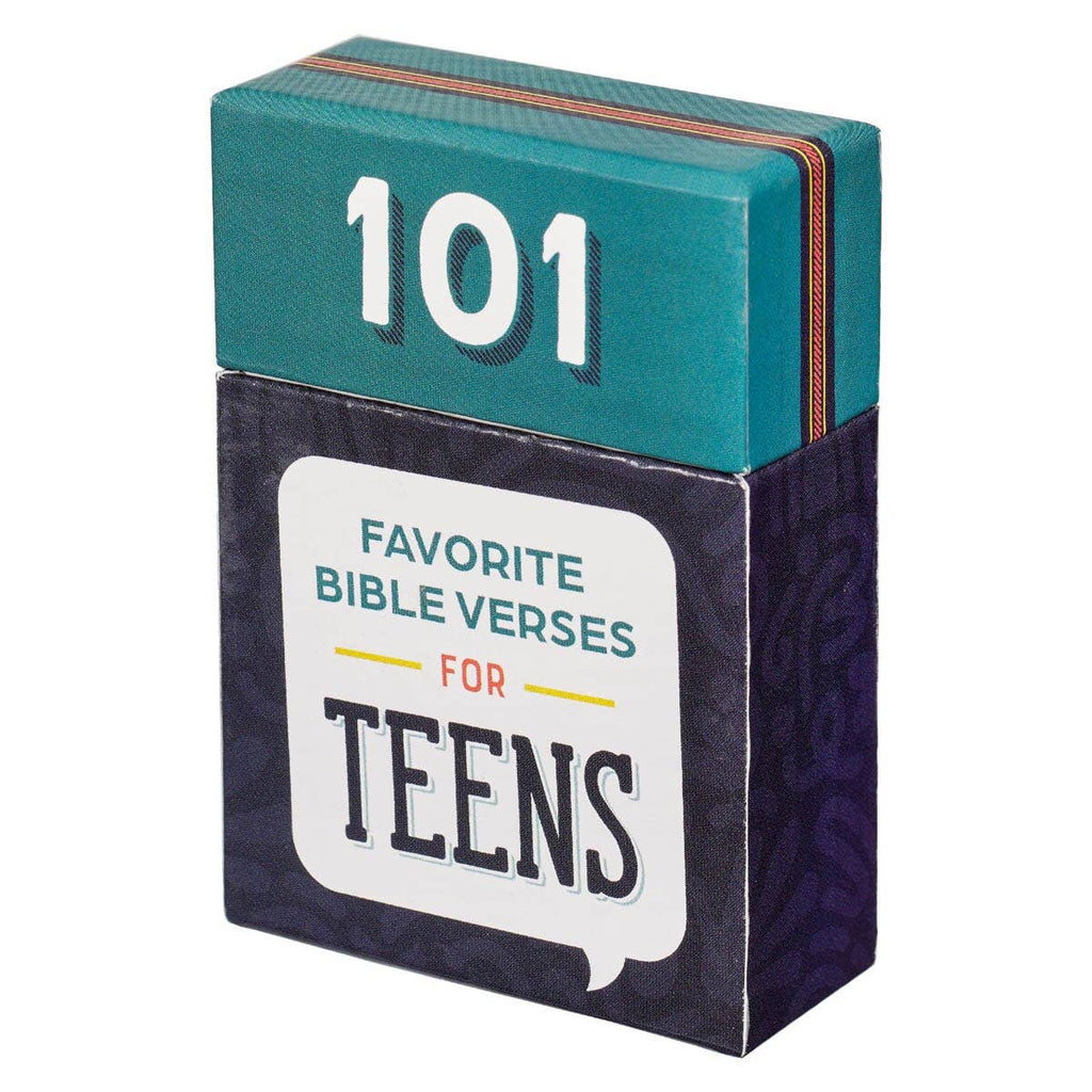Card deck titled '101 Favorite Bible Verses for Teens' with teal and black design, by Christian Art Gifts.