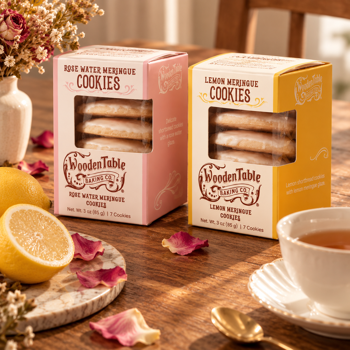 Two boxed loaves of Wooden Table Baking Co. meringue cookies on a wooden table, one in a pink box labeled rose water meringue cookies and one in a yellow box labeled lemon meringue cookies, with lemons, petals, a teacup, and flowers around them.