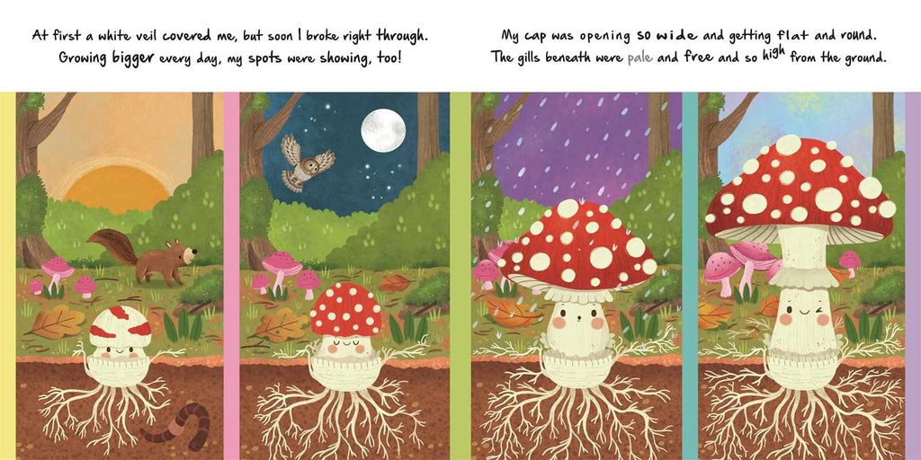 Illustrated sequence of a mushroom character growing in a forest setting with text.