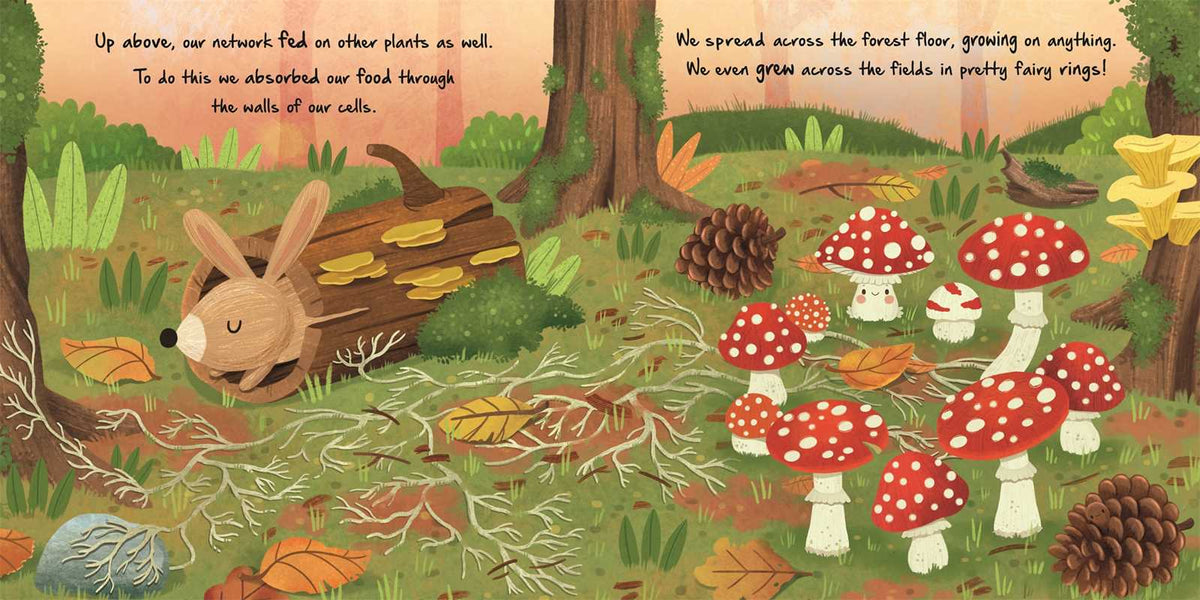 Illustration of a forest scene with a rabbit, mushrooms, and text about a plant's network.