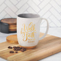 Mug with 'Walk by Faith Not by Sight' text on a wooden cutting board with coffee beans.
