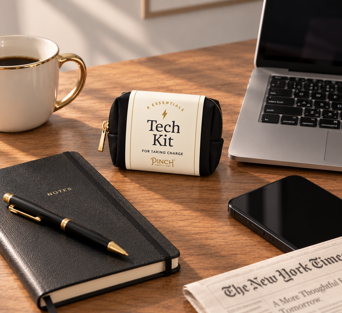 A black and cream zip pouch labeled 'Tech Kit' sits on a wooden desk surrounded by a coffee mug, notebook, pen, smartphone, laptop, and newspaper. Kit is designed by Pinch Provisions.