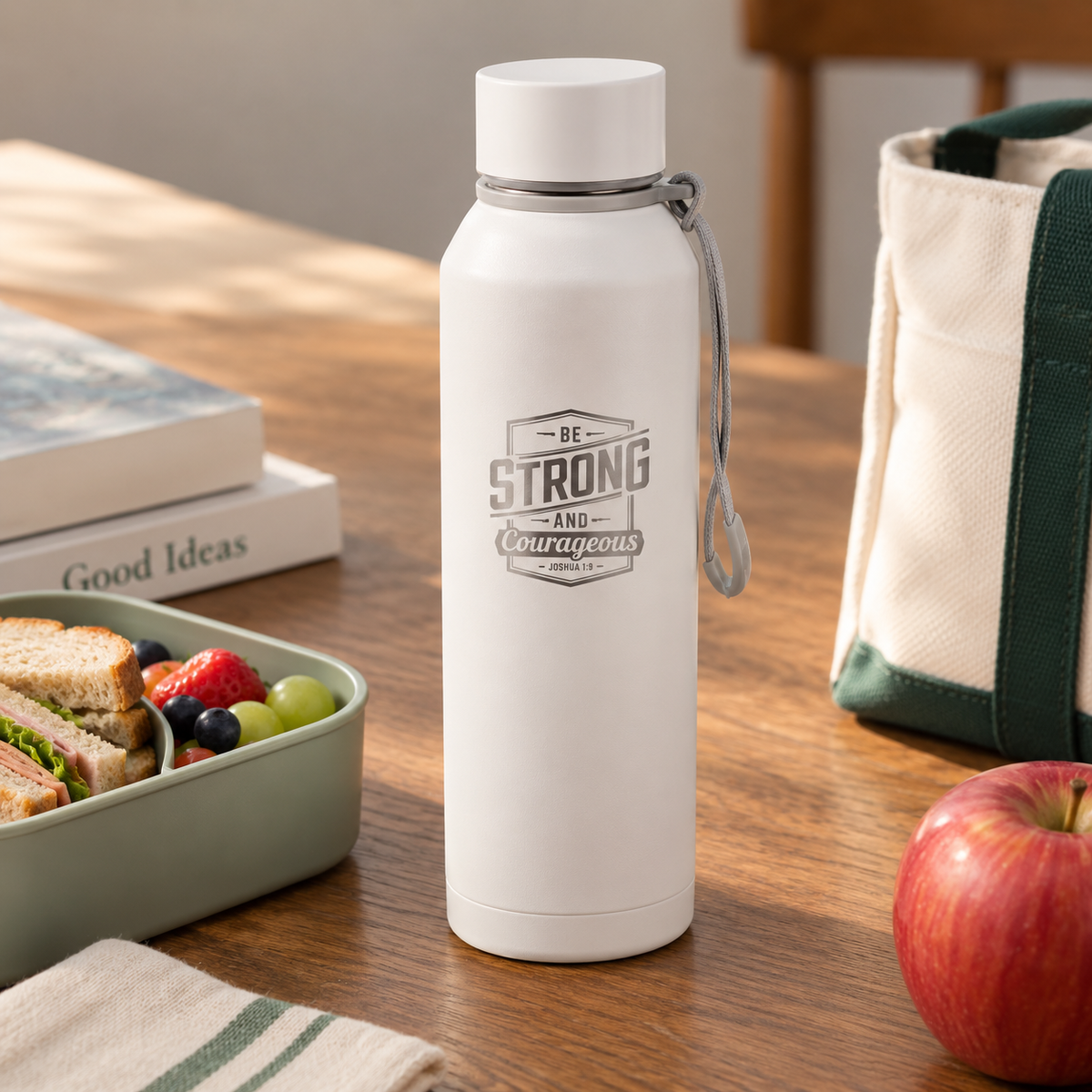 A white insulated water bottle with a gray printed graphic reading 'Be Strong and Courageous' stands on a wooden table in a lunch setting, surrounded by a bento box with fruit and sandwich, an apple, and a canvas tote bag. Water bottle designed by Christian Art Gifts.